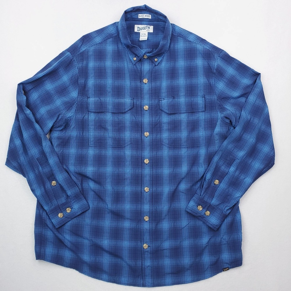 Duluth Trading Shirt Men Extra Large Tall Blue Shadow Plaid Button Down Untucked